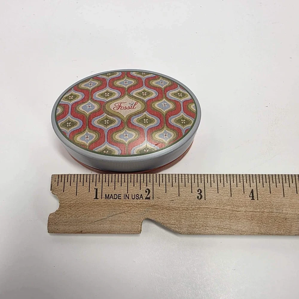 Fossil Tin Oval Collectible Container Red Geometric Pattern 2003